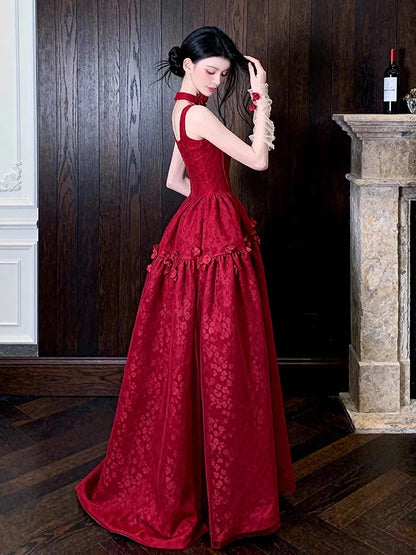 Prinzessin Abschlussballkleider Ballkleider Eckiger Ausschnitt Ärmellos Burgund Spitze Abendkleid Lang Festliches Kleid RB3712