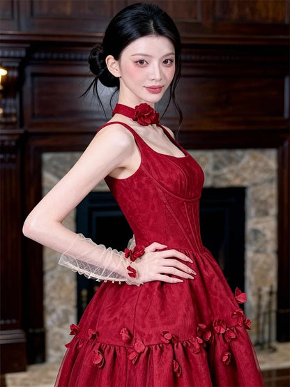 Prinzessin Abschlussballkleider Ballkleider Eckiger Ausschnitt Ärmellos Burgund Spitze Abendkleid Lang Festliches Kleid RB3712