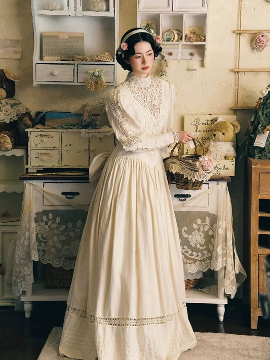 Vintage A line High Neck With Long Sleeves Lace Satin Summer Bridal Gown White Wedding Dresses RB3713