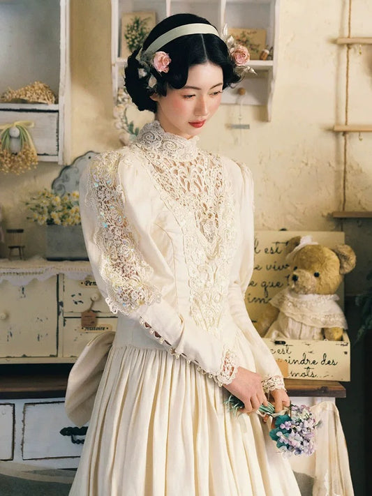 Vintage A line High Neck With Long Sleeves Lace Satin Summer Bridal Gown White Wedding Dresses RB3713