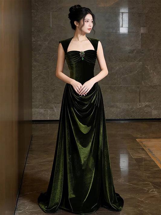 Prinzessin Abschlussballkleider Etui-Linie Eckiger Ausschnitt Ärmellos Olivgrün Samt Abendkleid Lang Festliches Kleid RB3714