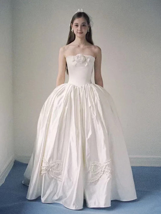 Timeless Ball Gowns Strapless White With Pearls Satin Bridal Gown Garden Wedding Dresses RB3716