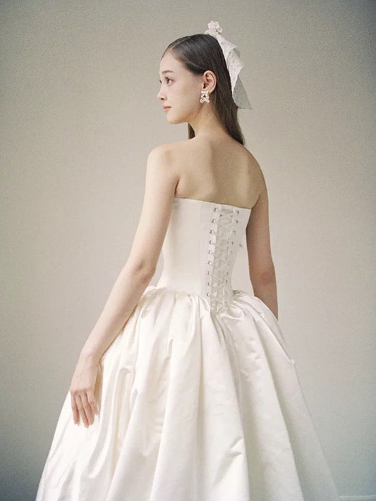Timeless Ball Gowns Strapless White With Pearls Satin Bridal Gown Garden Wedding Dresses RB3716