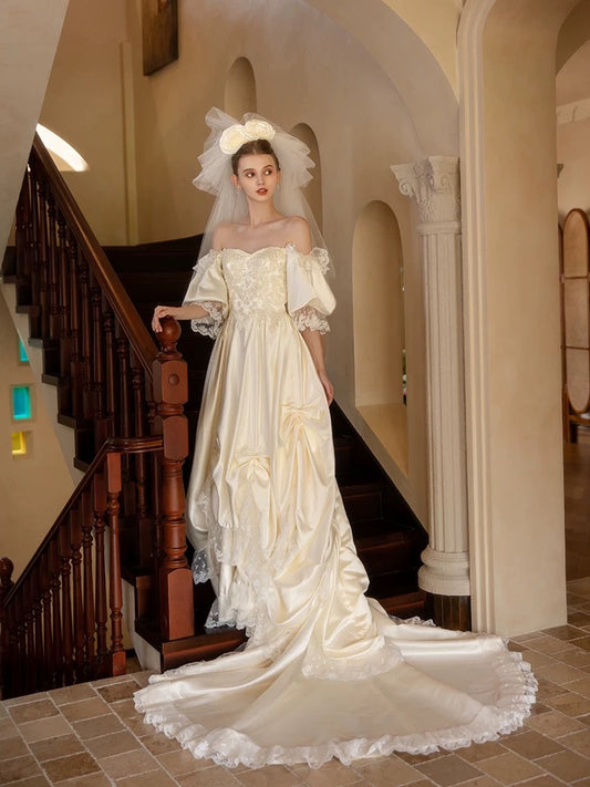Vintage A line Off The Shoulder With Half Sleeves Lace Summer Bridal Gown Ivory Satin Wedding Dresses RB3718