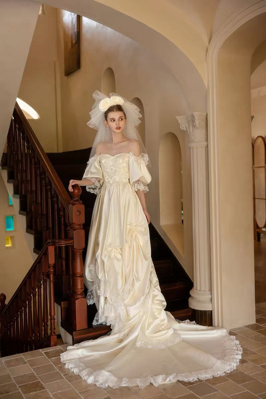 Vintage A line Off The Shoulder With Half Sleeves Lace Summer Bridal Gown Ivory Satin Wedding Dresses RB3718
