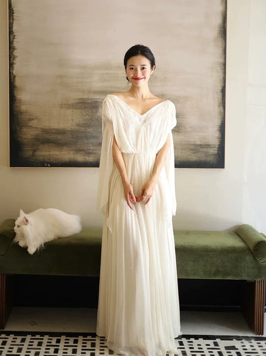 Timeless A Line V Neck Chiffon White With Ruffles Bridal Gown Garden Wedding Dresses RB3718