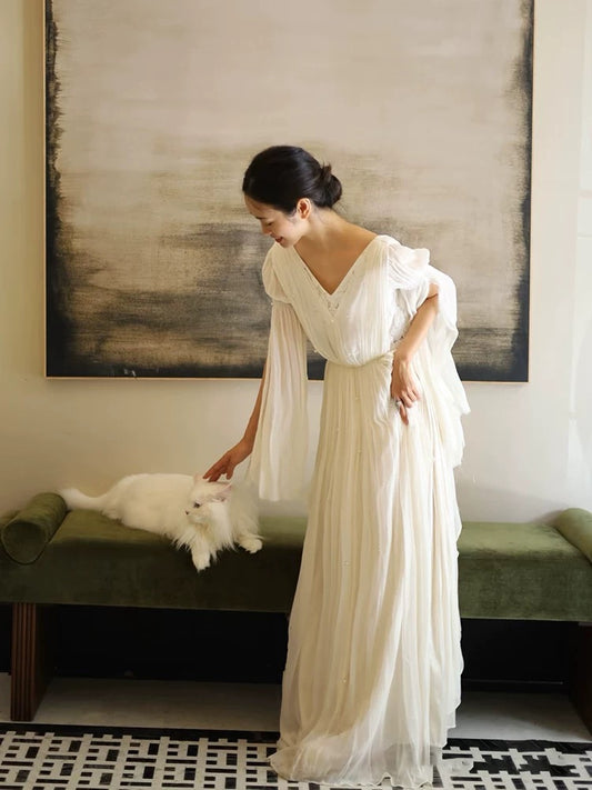 Timeless A Line V Neck Chiffon White With Ruffles Bridal Gown Garden Wedding Dresses RB3718