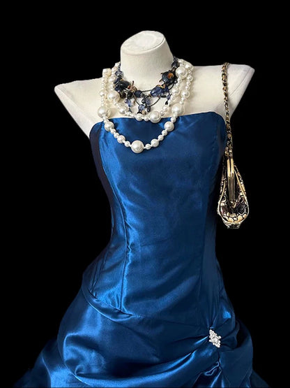 Robe fourreau bustier bleu roi en satin, style vintage, courte, inspiration années 2000, robe de bal de promo, référence N1670