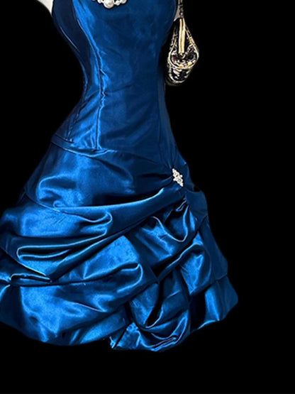 Robe fourreau bustier bleu roi en satin, style vintage, courte, inspiration années 2000, robe de bal de promo, référence N1670
