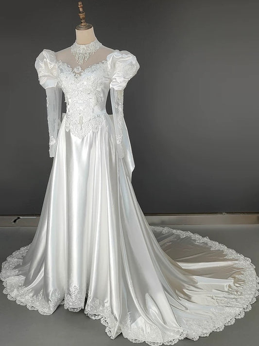 Vintage A line High Neck With Long Sleeves Lace Summer Bridal Gown White Satin Wedding Dresses RB3719