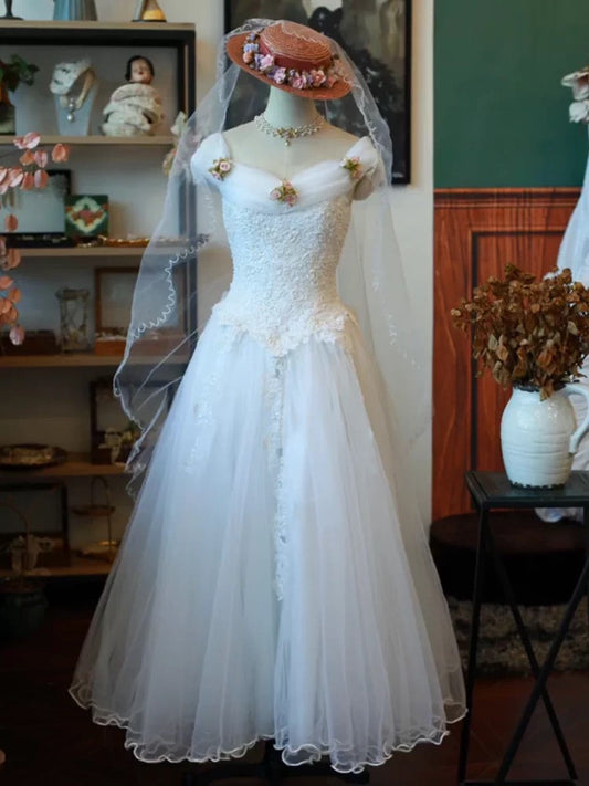 Vintage A line Sweetheart Tulle With Flower Lace Summer Bridal Gown White Wedding Dresses RB3721