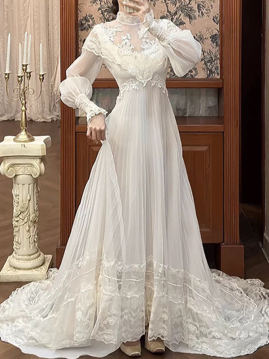 Vintage A line High Neck Chiffon With Long Sleeves Lace Summer Bridal Gown White Wedding Dresses RB3722