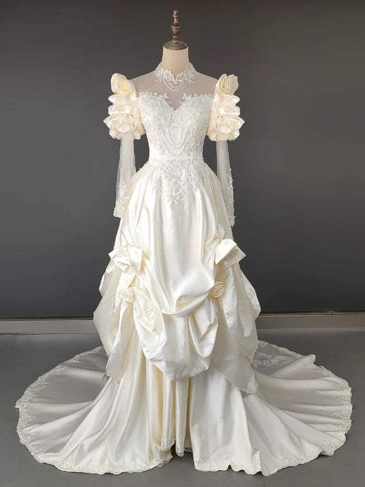 Vintage A line High Neck With Long Sleeves Ruffled Flowers Summer Bridal Gown Ivory Satin Wedding Dresses RB3723