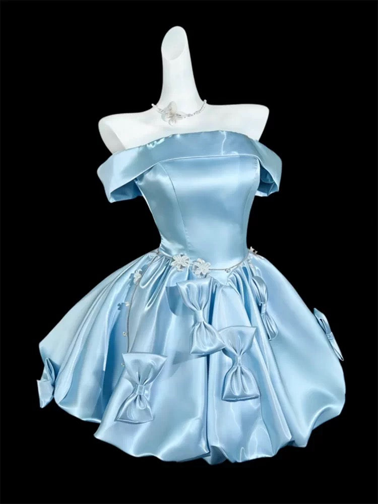 Robe de soirée courte en satin bleu, coupe bal, épaules dénudées, robes de cocktail de retour à la maison N4160