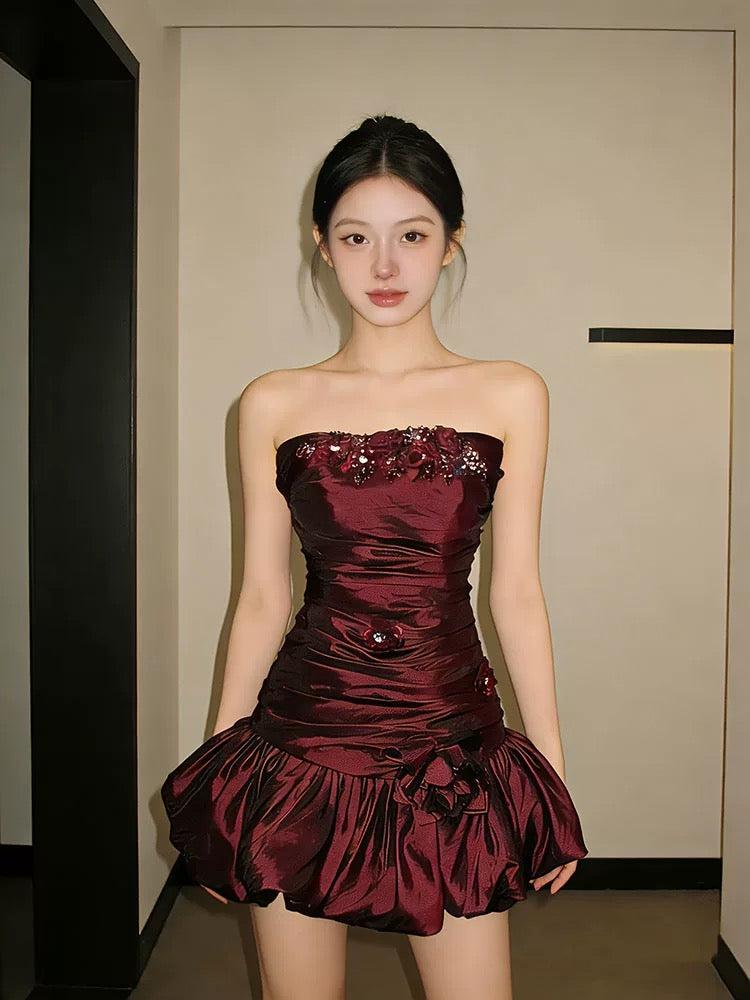 Cute Sheath Strapless Burgundy Satin Short Mini Party Dress Cocktail Homecoming Dresses N4165
