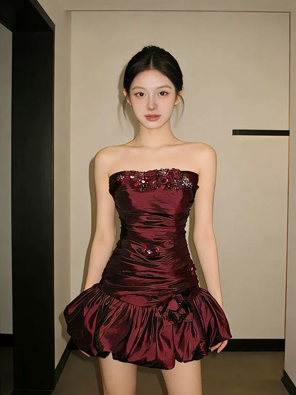 Cute Sheath Strapless Burgundy Satin Short Mini Party Dress Cocktail Homecoming Dresses N4165