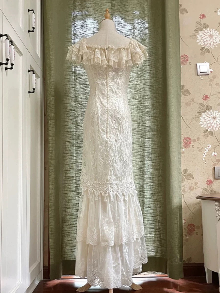 Robes de mariée style français sirène col en V dentelle manches courtes pour mariage d'été dans le jardin N4166
