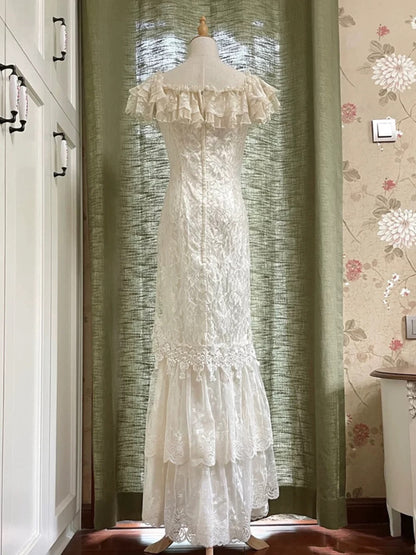Robes de mariée style français sirène col en V dentelle manches courtes pour mariage d'été dans le jardin N4166