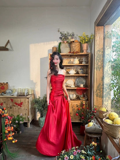Modest Mermaid Strapless Red Satin 18th Birthday Elegant Outfit Formal Long Prom Dresses N4167