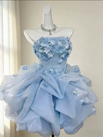 Pretty Ball Gown Strapless Blue With Flowers Short Mini Party Dress Cocktail Homecoming Dresses N4169