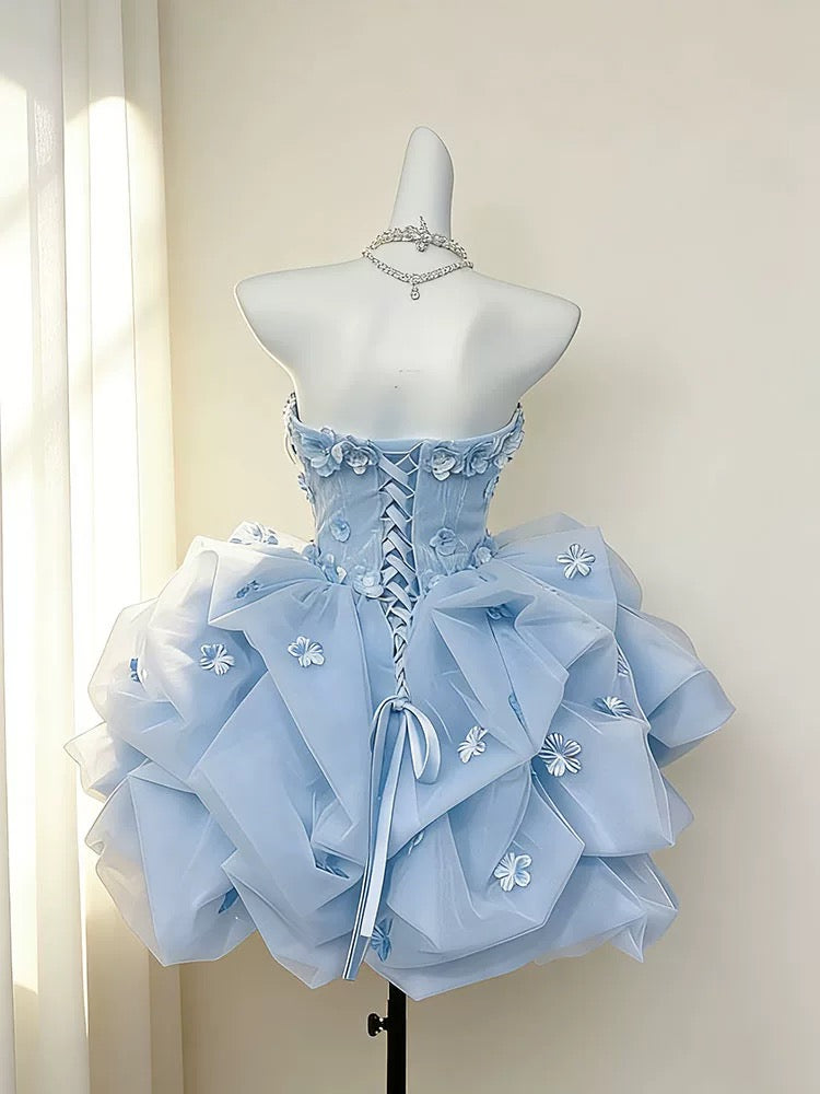 Pretty Ball Gown Strapless Blue With Flowers Short Mini Party Dress Cocktail Homecoming Dresses N4169