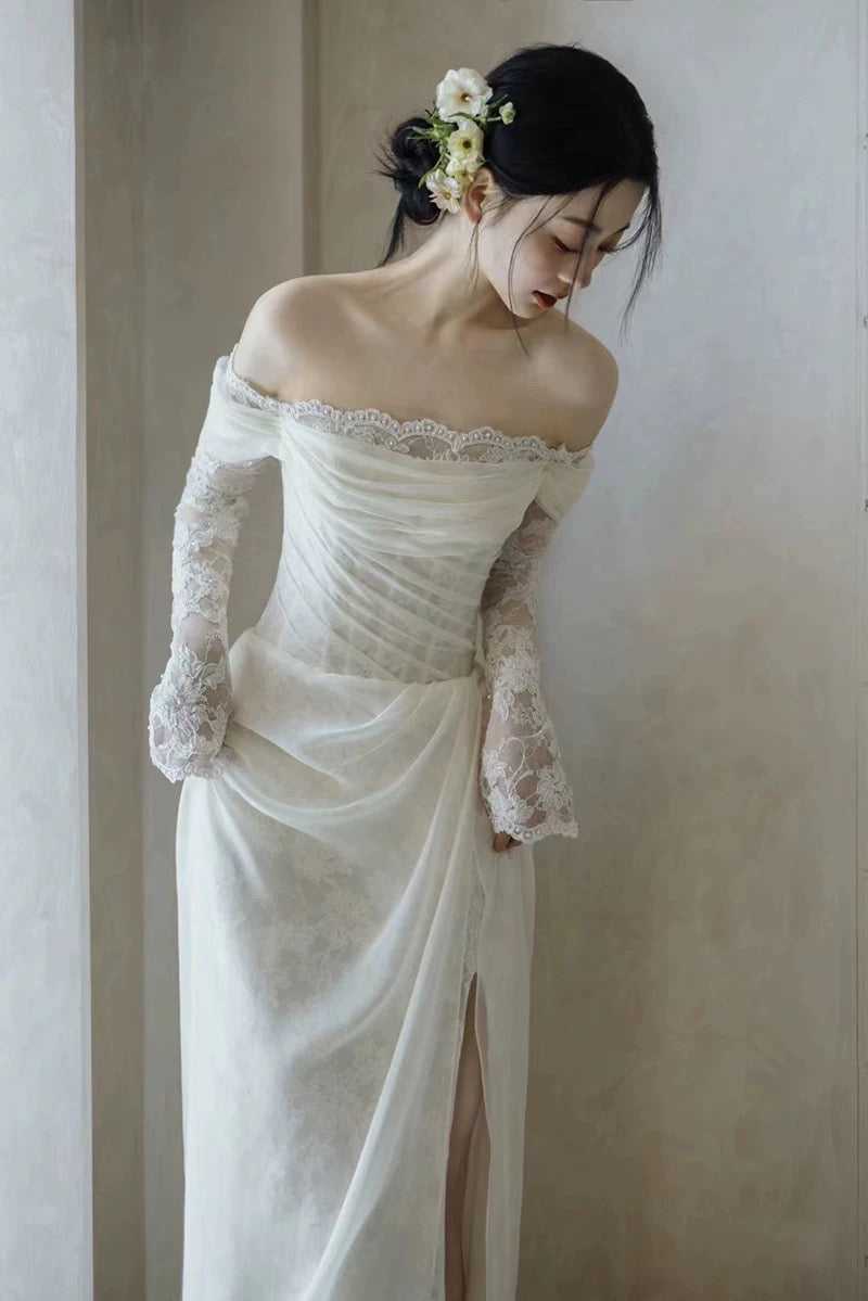 Französische Hochzeitskleider im Meerjungfrauen-Stil, schulterfrei, Spitze mit plissiertem Sommergarten-Brautkleid N4171