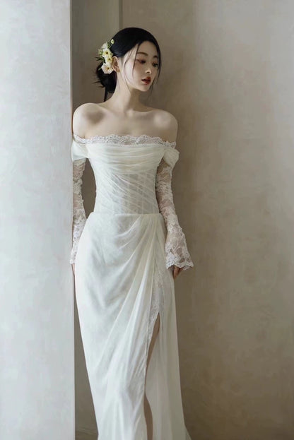 Französische Hochzeitskleider im Meerjungfrauen-Stil, schulterfrei, Spitze mit plissiertem Sommergarten-Brautkleid N4171