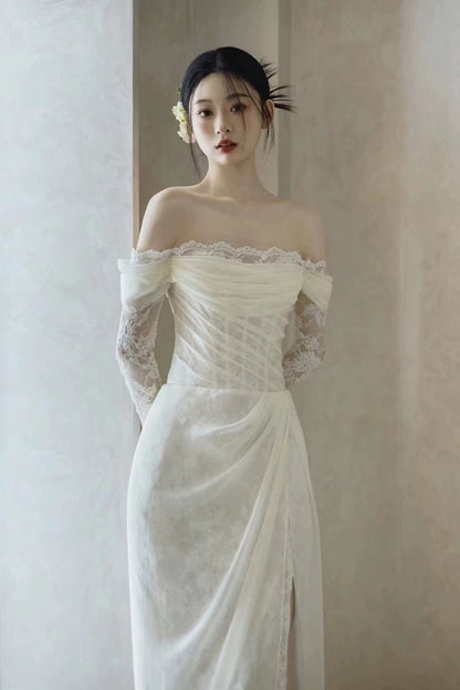 Französische Hochzeitskleider im Meerjungfrauen-Stil, schulterfrei, Spitze mit plissiertem Sommergarten-Brautkleid N4171