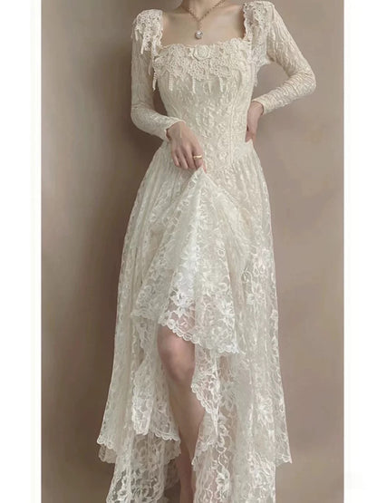 Französischer Stil Brautkleider A-Linie, eckiger Ausschnitt, Spitze mit Ärmeln, Sommer-Boho-Brautkleid N4175