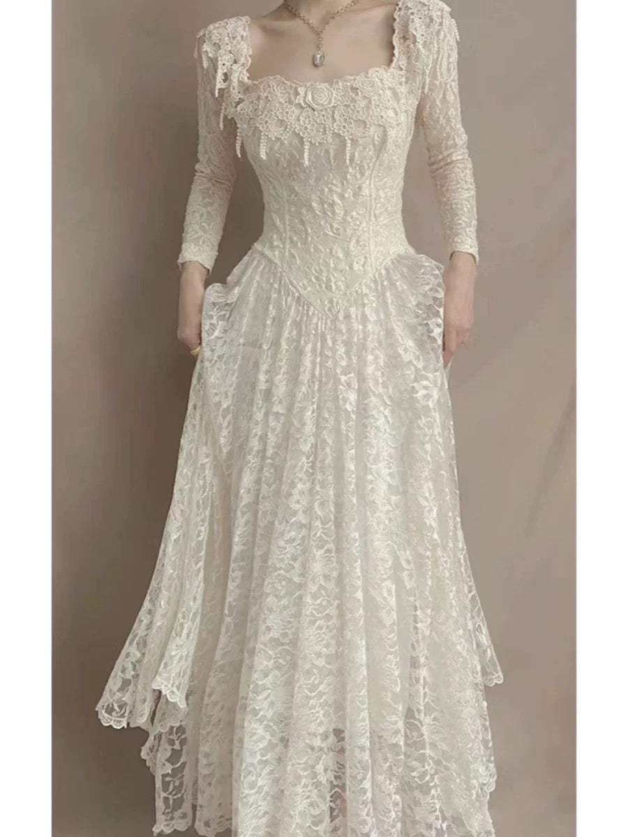 Französischer Stil Brautkleider A-Linie, eckiger Ausschnitt, Spitze mit Ärmeln, Sommer-Boho-Brautkleid N4175