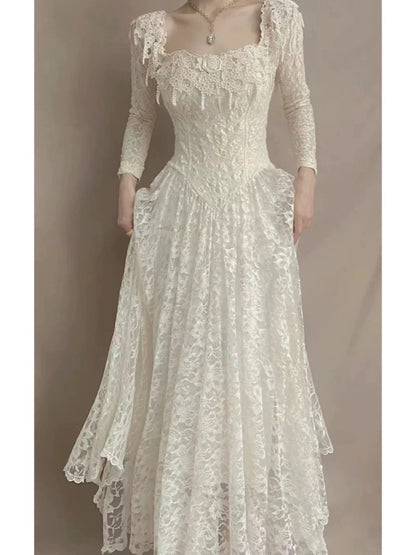 Französischer Stil Brautkleider A-Linie, eckiger Ausschnitt, Spitze mit Ärmeln, Sommer-Boho-Brautkleid N4175