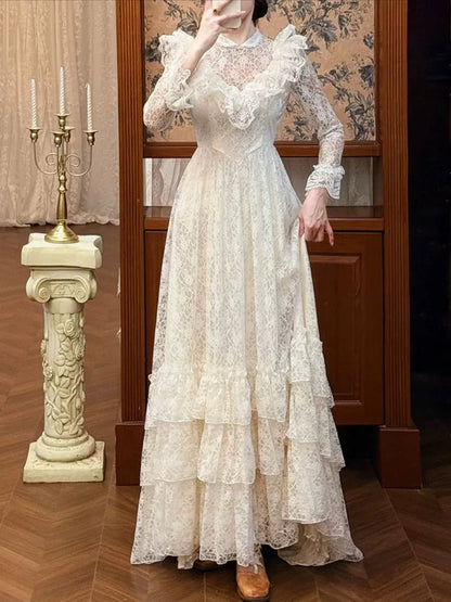 Robes de mariée style français coupe trapèze col haut dentelle avec manches longues robe de mariée bohème d'été N4176