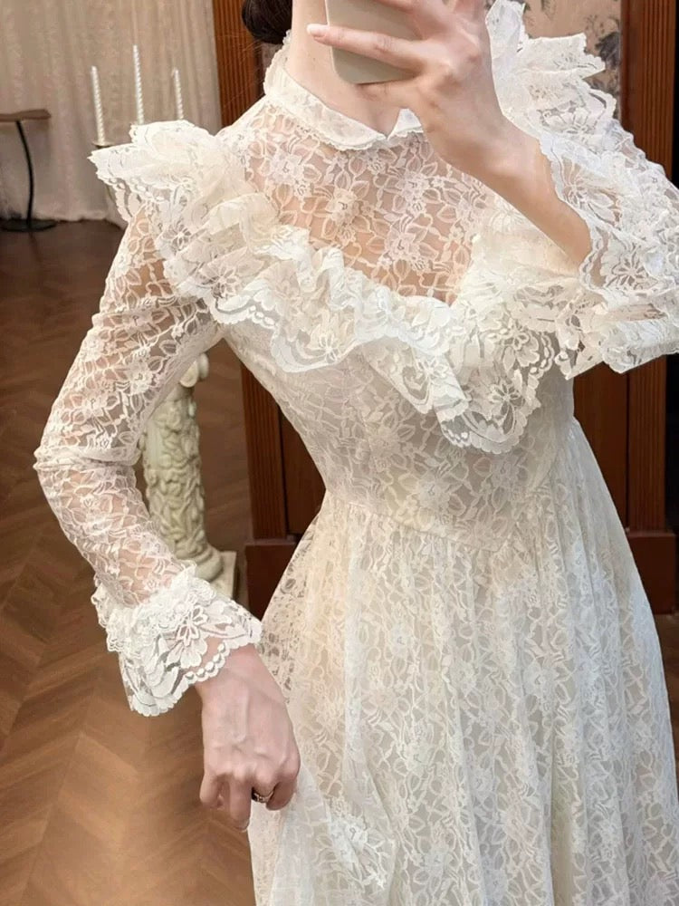 Robes de mariée style français coupe trapèze col haut dentelle avec manches longues robe de mariée bohème d'été N4176