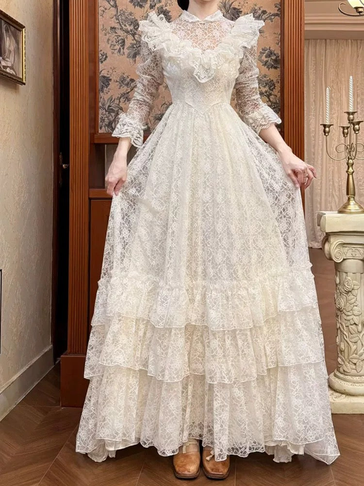 Robes de mariée style français coupe trapèze col haut dentelle avec manches longues robe de mariée bohème d'été N4176