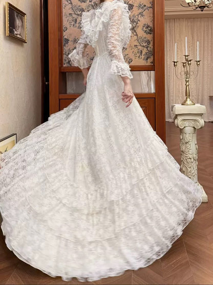 Robes de mariée style français coupe trapèze col haut dentelle avec manches longues robe de mariée bohème d'été N4176