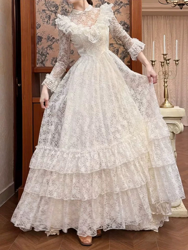 Robes de mariée style français coupe trapèze col haut dentelle avec manches longues robe de mariée bohème d'été N4176