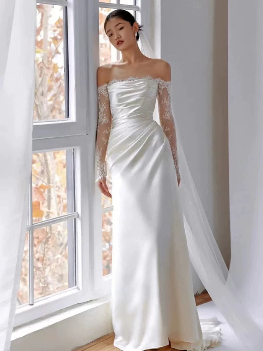 Simple Wedding Dresses Mermaid Off The Shoulder White Satin Summer Garden Wedding Dress N4280