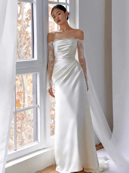 Simple Wedding Dresses Mermaid Off The Shoulder White Satin Summer Garden Wedding Dress N4280