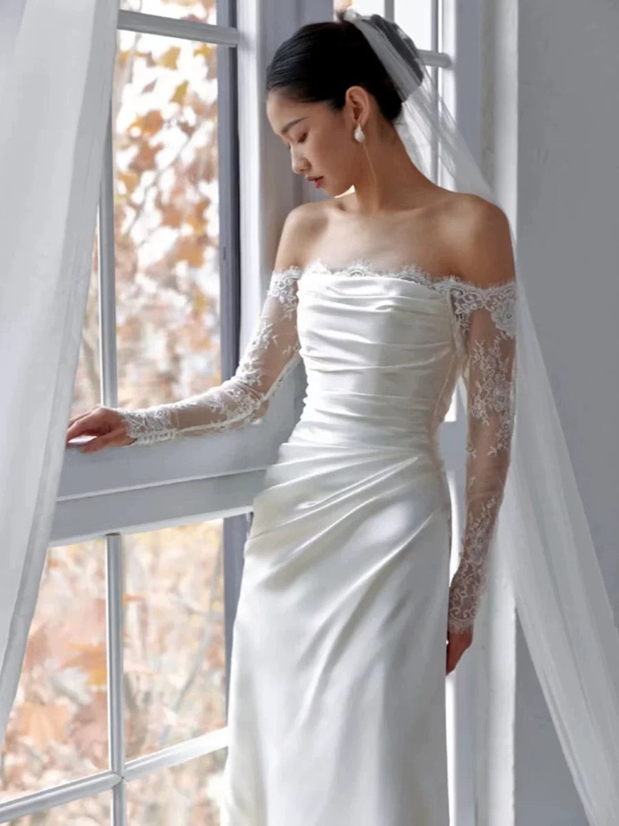 Simple Wedding Dresses Mermaid Off The Shoulder White Satin Summer Garden Wedding Dress N4280