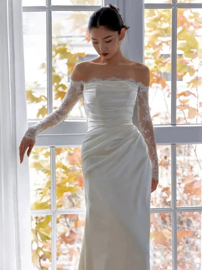 Simple Wedding Dresses Mermaid Off The Shoulder White Satin Summer Garden Wedding Dress N4280