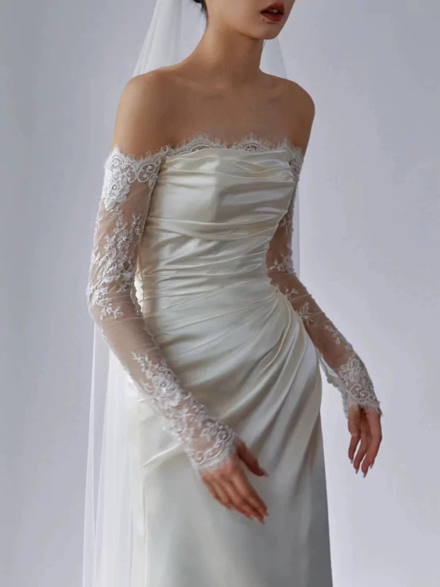 Simple Wedding Dresses Mermaid Off The Shoulder White Satin Summer Garden Wedding Dress N4280