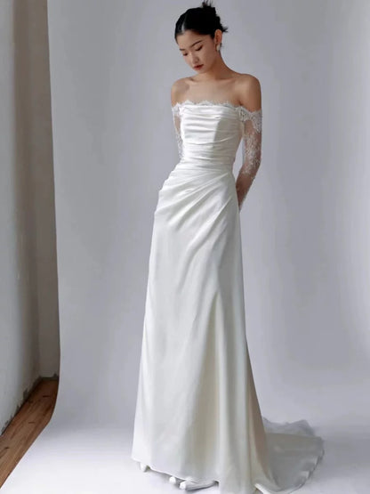 Simple Wedding Dresses Mermaid Off The Shoulder White Satin Summer Garden Wedding Dress N4280