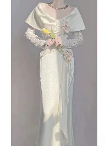 Timeless Wedding Dresses A line Off The Shoulder White Lace With Sleeves Garden Wedding Dress N4286