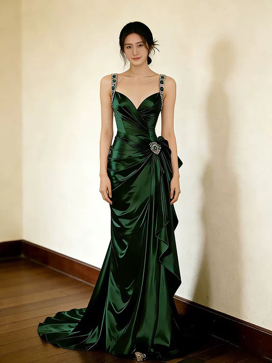 Sexy Prom Dresses Formal Mermaid Sweetheart Dark Green Satin With Beadings Long Party Gowns N4285