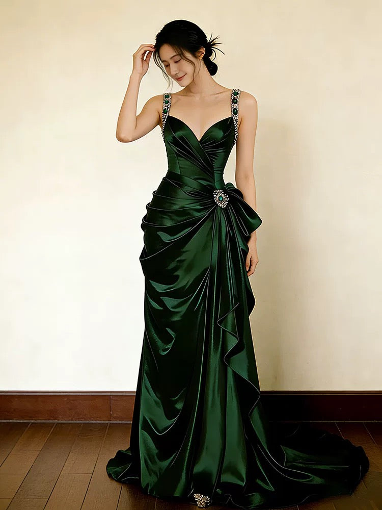 Sexy Ballkleider Formelle Meerjungfrau Sweetheart Dunkelgrün Satin mit Perlen Lange Partykleider N4285