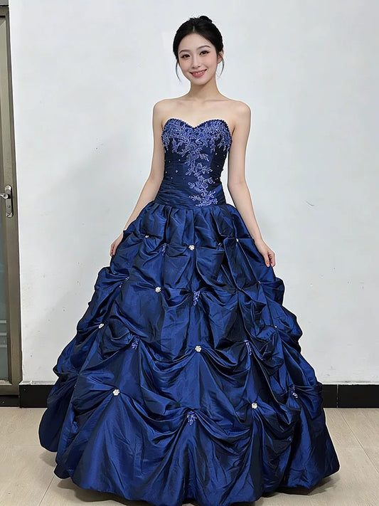 Prinzessin Abschlussballkleider Ballkleider Sweetheart Navyblaues Taft Abend langes Ballkleid N4287