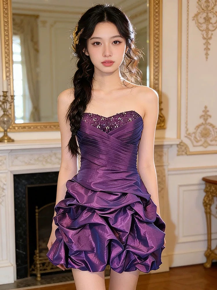 Vintage Etuikleid Trägerlos Lila Satin Kurz Mini Partykleid Cocktail Homecoming Kleider N4281