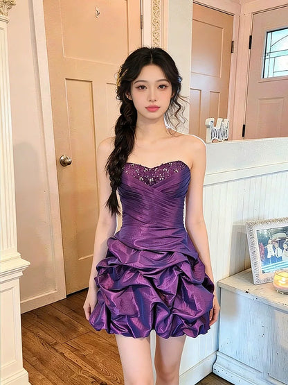 Vintage Etuikleid Trägerlos Lila Satin Kurz Mini Partykleid Cocktail Homecoming Kleider N4281