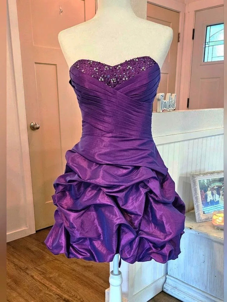 Vintage Etuikleid Trägerlos Lila Satin Kurz Mini Partykleid Cocktail Homecoming Kleider N4281