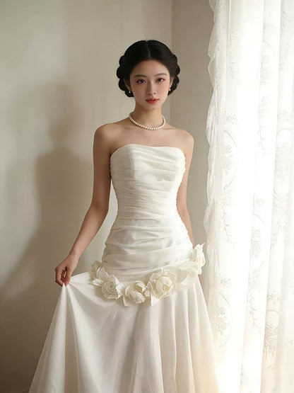 Chic Wedding Dresses Mermaid Strapless Neck With Flowers Garden Wedding Dress N4290